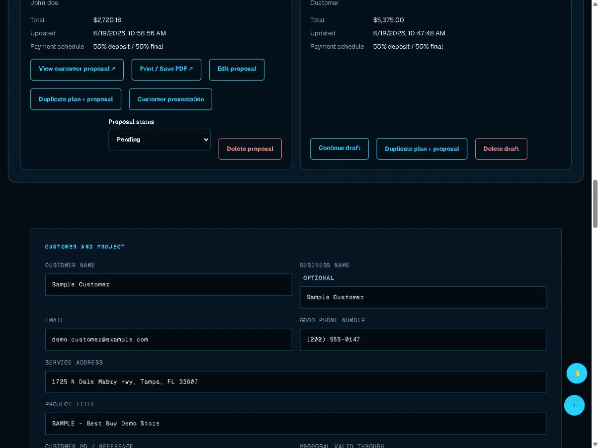 Proposal Center customer and project fields for a demo project.