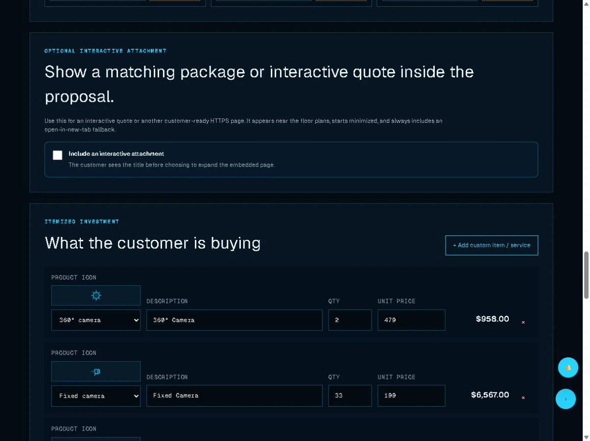 Plan-derived equipment and pricing lines in a demo proposal.
