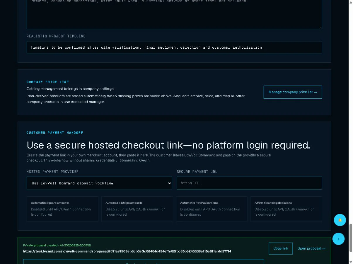 Hosted payment handoff and private proposal state for a demo project.
