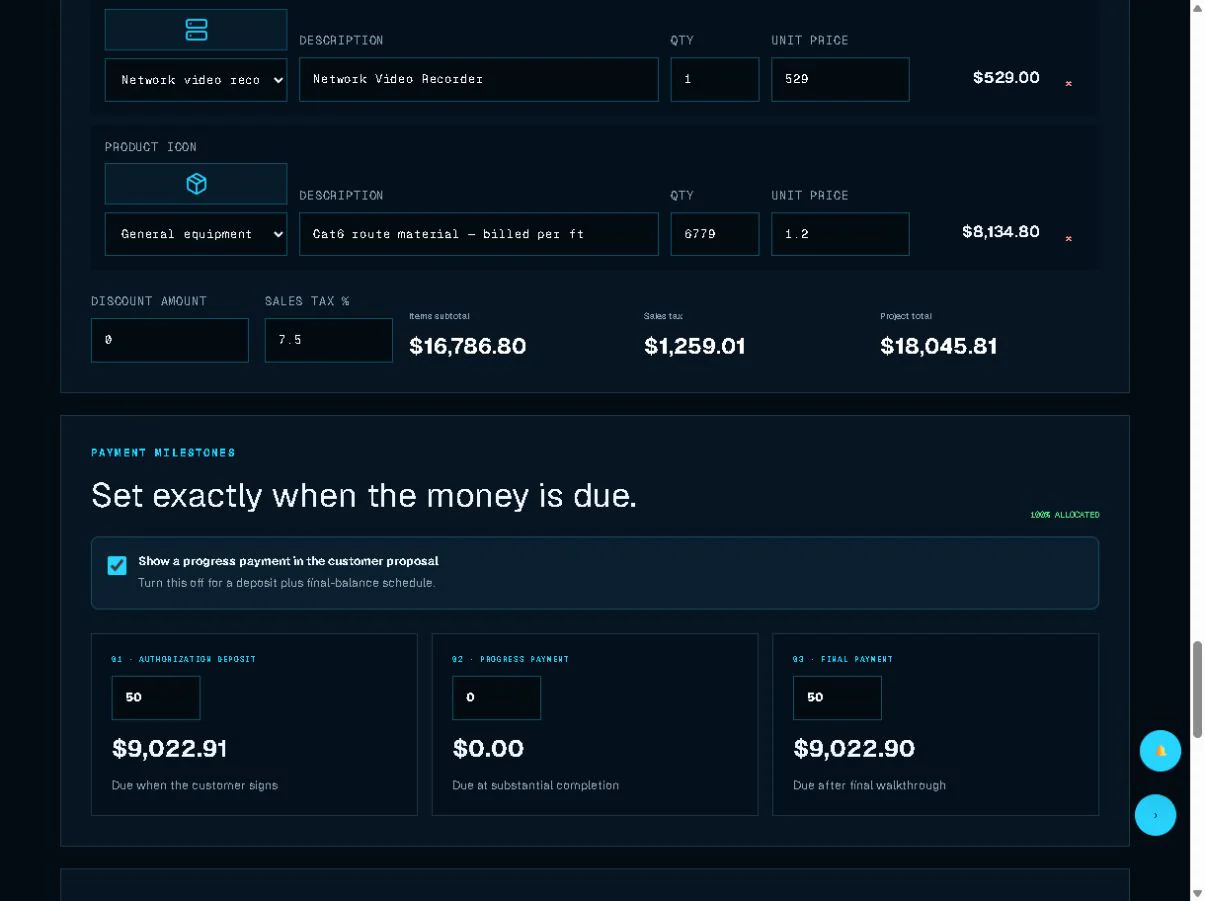 Deposit, progress, and final-payment schedule for a demo proposal.